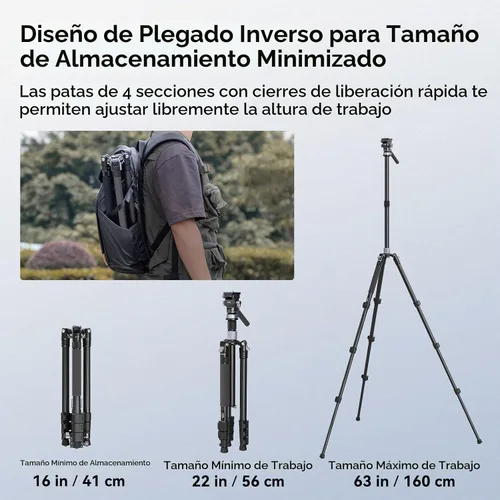 Vista 4 de SMALLRIG Trípode de Video de Viaje de 160 cm, Trípode de Fibra de Carbono con Cabeza Fluida de Liberación Rápida, Base de Nivelación y Columna