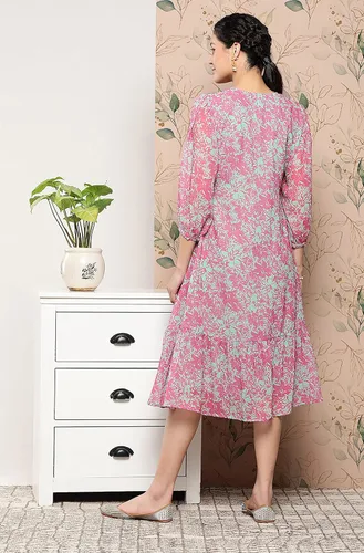 Vista 6 de Janasya Vestido occidental de Georgette rosa con estampado floral para mujer india