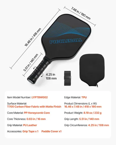Vista 8 de VEVOR Pickleball Paddle, T700 Carbon Fiber Surface & Honeycomb Core, Pickleball Paddle with Increased Power & Control & Spin Pickle Ball Racket for