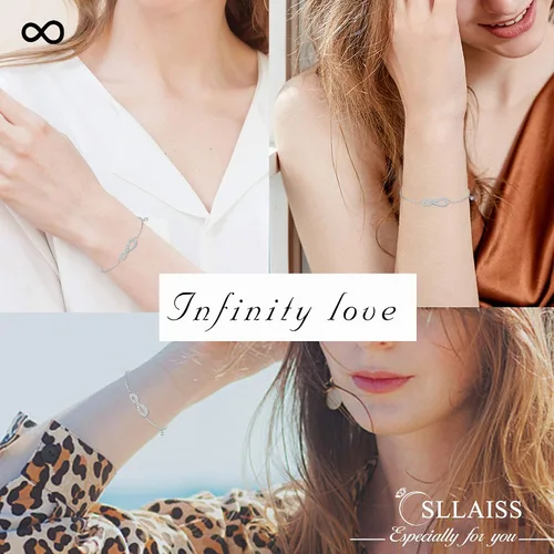 Vista 5 de Sllaiss Pulsera de plata de ley 925 con infinito para mujer, cadena de eslabones pequeños, ajustable, 6 pulgadas para aniversario