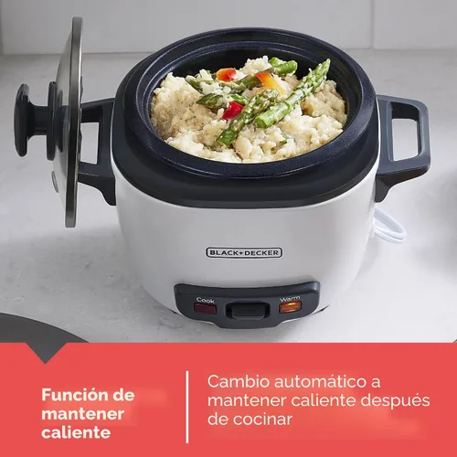 Vista 7 de BLACK+DECKER Olla arrocera de 3 tazas, RC503, 1.5 tazas de arroz crudo, cesta de cocción al vapor, recipiente antiadherente extraíble, un toque