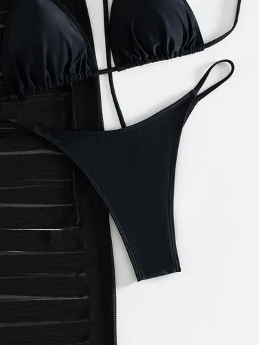 Vista 5 de Cozyease Conjunto de traje de baño de 3 piezas para mujer, bikini halter liso con vestido rasgado