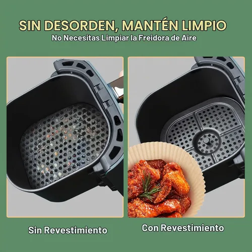 Vista 5 de Forro de papel para freidora de aire, material no blanqueado y biodegradable, papel de pergamino desechable antiadherente para freír, hornear, asar