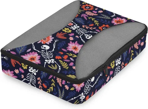 Vista 3 de Juego de 4 cubos de embalaje florales con diseño de calavera bailando organizador de equipaje de viaje cubo de almacenamiento de tela diseño