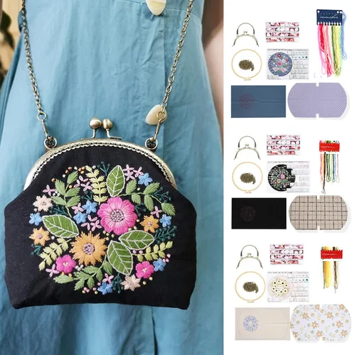 Vista 2 de Patrón de flores bordadas de bricolaje, bolsa cruzada, kits de principiantes para adultos, cartera de bricolaje, monedero, bolso, 6.5 in