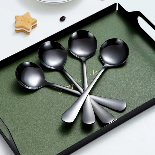 Vista 4 de Berglander - Juego de 4 cucharas de sopa negras de acero inoxidable chapado en titanio de 7.5 pulgadas, cucharas redondas brillantes, juego