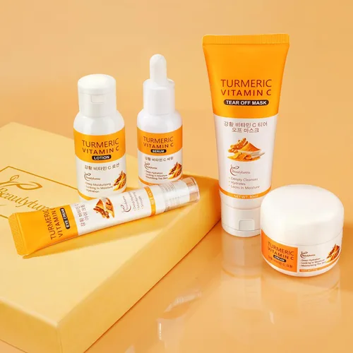 Vista 4 de Juego de cuidado de la piel de cúrcuma para mujeres, kit de cuidado facial hidratante y nutritivo con limpiador, tónico, suero, crema para ojos e