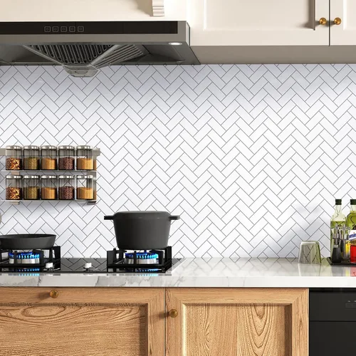 Vista 6 de Azulejo 3D de espiga blanca para salpicaduras de despegar y pegar, 10 hojas de azulejos brillantes para pared de cocina, baño, azulejos