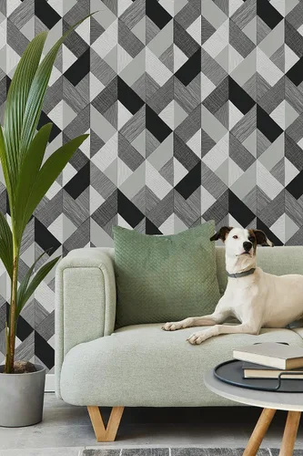 Vista 2 de NextWall Stacy Garcia Home Marquetry Papel tapiz geométrico para despegar y pegar (Greystone)