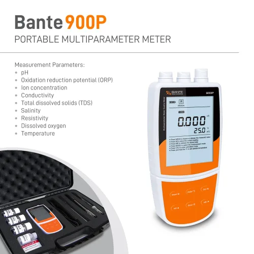 Vista 2 de Bante 900P Medidor portátil de pH/conductividad/oxígeno disuelto Medidor de calidad de agua multiparámetro para medir pH, ORP, iones