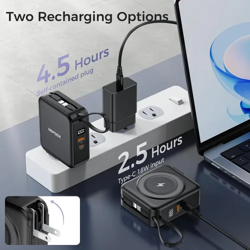 Vista 6 de Banco portátil del poder del cargador 10000mAh construido en cables y enchufe de pared PD 22.5W USB C carga rápida, carga inalámbrica magnética