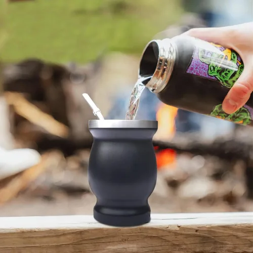 Vista 2 de Beruth Bombilla Yerba Mate Gourd, juego de tazas de té de acero inoxidable de 8 onzas con una tapa multifuncional, dos popotes y cepillos
