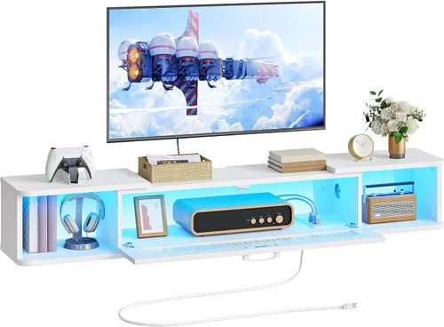 Vista 11 de HOOBRO Soporte de TV flotante con luz LED y toma de corriente para televisores de hasta 65 pulgadas, estante de TV montado en la pared, consola
