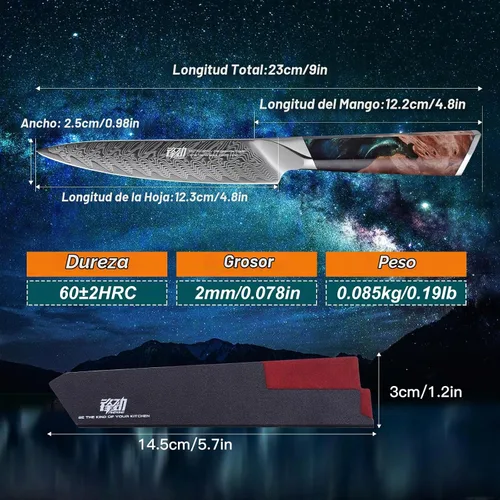 Vista 4 de FINDKING Nebula Series - Cuchillo de cocina con funda de ABS, cuchillo pequeño versátil, hoja de damasco 10Cr15CoMov, mango de resina y sicomoro Azul