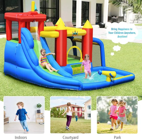 Vista 9 de BOUNTECH Tobogán acuático inflable, parque de toboganes acuáticos 7 en 1 para niños, diversión al aire libre con puerta de fútbol, soplador GFCI