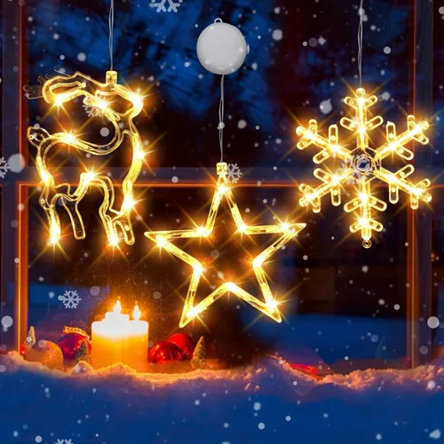 Vista 8 de Decoración de luz de ventana de Navidad, 3 luces iluminadas con forma de cascabel, árbol de Navidad, funciona con pilas, luces interiores
