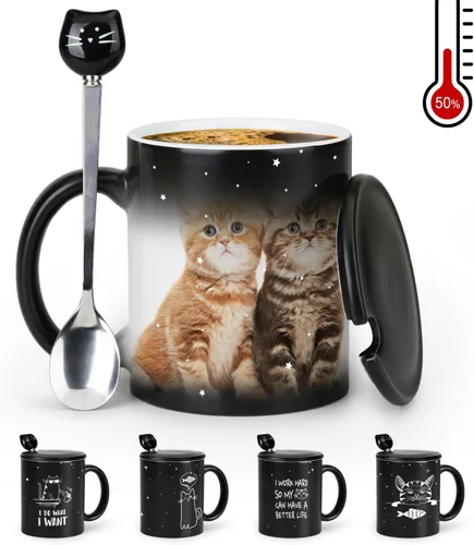 Vista 4 de Tazas únicas para gatos, tazas de café que cambian de color de 11 onzas – The Fish is Delicious – Taza de Halloween con tapa negra y cuchara