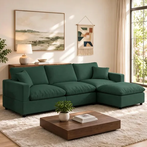 Vista 23 de Sofá seccional moderno de lino en forma de L para sala de estar, sofás modulares con relleno de plumón, fundas de cojín de sofá desmontables, sofá