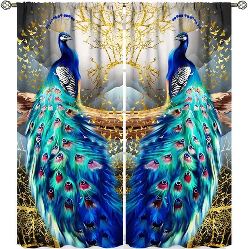 Vista 15 de Cortinas opacas de pavo real, hermoso patrón de estampado de flores de pavo real azul, estampado de mariposas y pavo real, juego de 2 paneles