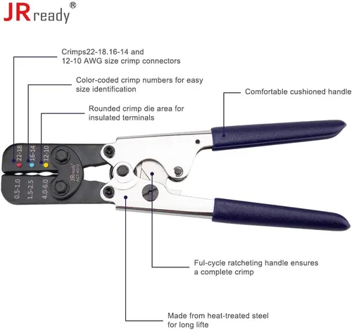 Vista 7 de JRready ACT-AD10 - Herramienta de crimpado de trinquete, crimpadora de cables de 22 a 10 AWG para conectores a tope termorretráctiles y terminales