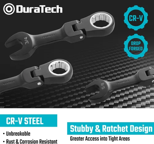 Vista 5 de DURATECH Stubby - Juego de llaves combinadas de trinquete de cabeza flexible, SAE, 8 piezas, 5/16" a 3/4", acero CR-V, revestimiento electroforético