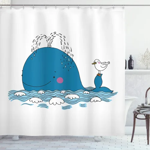 Vista 28 de Ambesonne Cortina de ducha con diseño de ciervo, silueta de animales del bosque brumoso en la naturaleza, diseño de dibujos animados, decoración