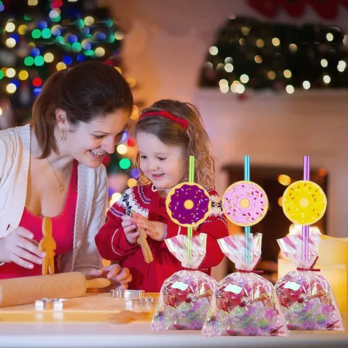 Vista 5 de 24 popotes reutilizables con forma de dona y arco iris loco para suministros de fiesta de cumpleaños, decoraciones de fiesta con 2 cepillos