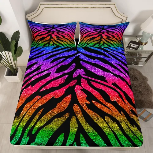 Vista 2 de Manfei Juego de sábanas con estampado de cebra, tamaño individual, con estampado de animales y arcoíris, para decoración de habitación de niños