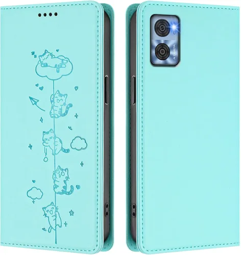 Vista 12 de Wallet Phone Case for Moto E22 4G Cover, Playful Cat PU Leather Phone Cover with 2 Card Slots & Hidden Flip Kickstand, TPU Shockproof Protective
