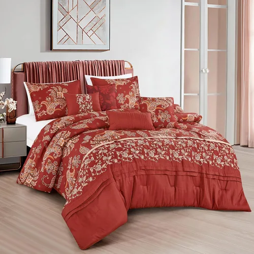 Vista 12 de ESCA Juego de edredón Hypatia beige de 7 piezas, tamaño Queen, bordado, estilo bohemio, ropa de cama floral