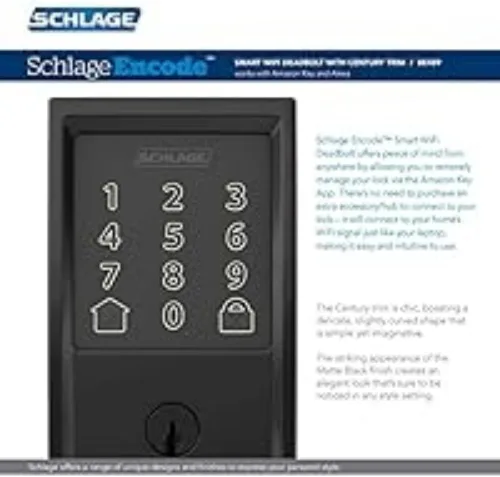 Vista 4 de Schlage Encode Cerradura inteligente Wi-Fi con juego de manijas Century para puerta de entrada, Negro Mate