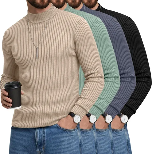 Vista 10 de Paquete de 4 Camisetas de Cuello Alto Simulado para Hombre de Algodón de Punto Acanalado de Manga Larga Pullover Ajustado Casual Suéteres Básicas