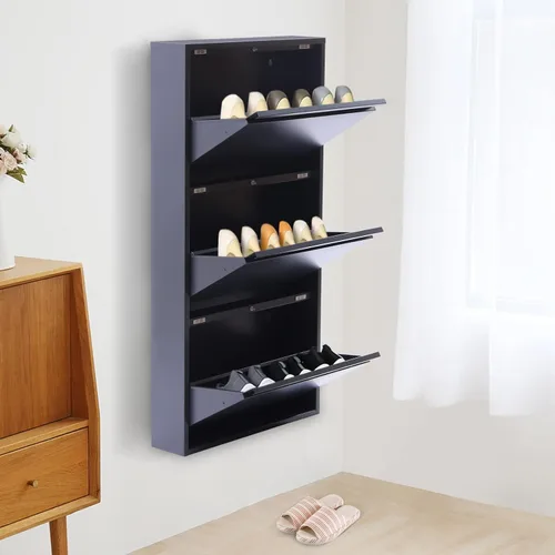 Vista 7 de DYRABREST Gabinete de zapatos de metal con 3 cajones y 9 pares de zapatos, armario de almacenamiento de zapatos montado en la pared de 20 pulgadas