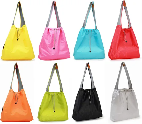 Vista 8 de Paquete de 4 bolsas de compras plegables de nailon Ripstop reutilizables con bolsa y bolsillo interior, cordón