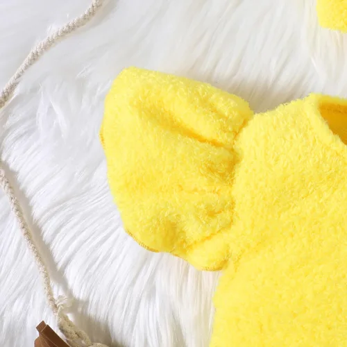 Vista 4 de FOUTTUE Disfraz de pollo para bebé, disfraz de animal de pollo, mameluco de vellón, conjunto de gorro de 9 a 12 meses, ropa para bebé niño