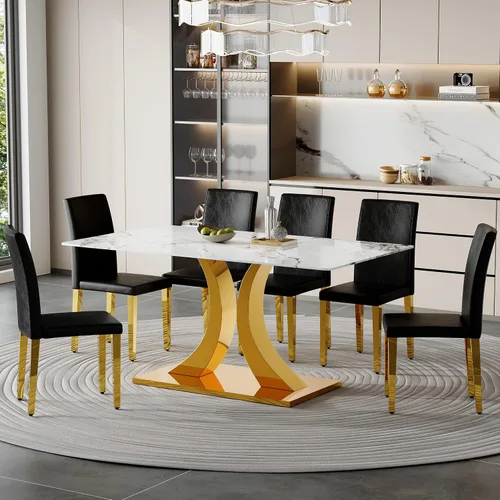 Vista 12 de Juego de mesa de comedor de mármol para 4, moderna mesa de oro blanco de 63 pulgadas con patas de marco de forma intercambiable y sillas de comedor