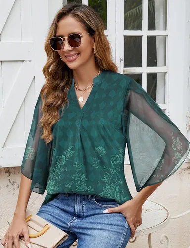 Vista 3 de Cucuchy - Blusas de manga 34 con volantes y cuello en V para mujer, blusas de malla elástica, túnica de doble capa