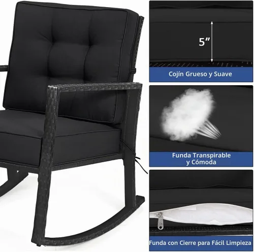 Vista 5 de HAPPYGRILL Mecedora de mimbre, silla mecedora de patio al aire libre con marco resistente, cojín grueso, mecedora de ratán para patio trasero Negro