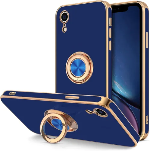 Vista 12 de Hython Funda para iPhone XR con soporte de anillo [soporte de anillo giratorio de 360° con soporte magnético] chapado en oro rosa brillante borde