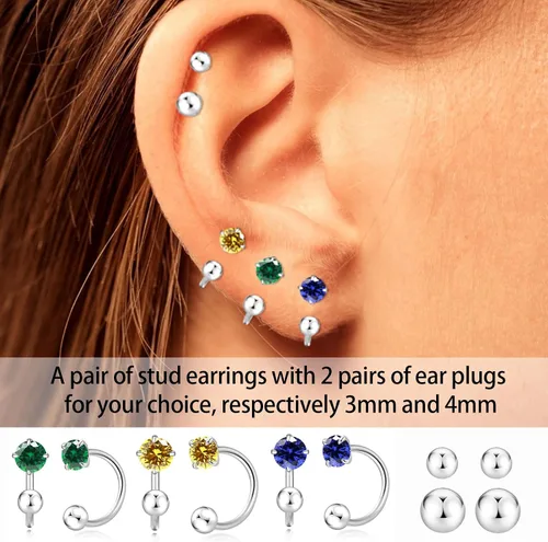 Vista 23 de Pequeños aretes de piedra natal natural de 0.118 pulgadas para mujeres, adolescentes y niñas, pequeños aretes de medio aro para cartílago