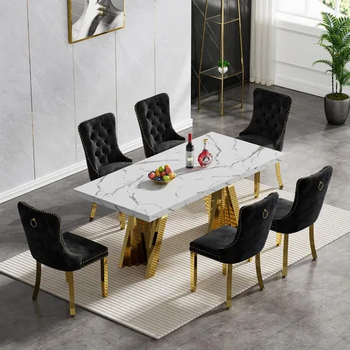 Vista 87 de Juego de 5 mesas de comedor, juego de mesa de cocina y comedor para 4, mesa de comedor rectangular de mármol sintético negro de 70 pulgadas con base