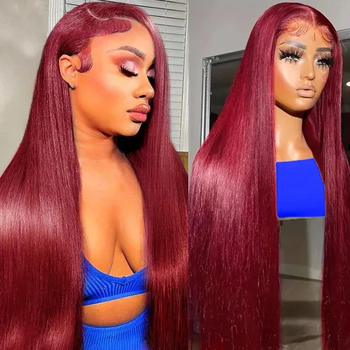 Vista 17 de Pelucas de cabello humano con encaje frontal color borgoña 99J de 13 x 4, pelucas de encaje frontal lacio prearrancado, pelucas de cabello humano