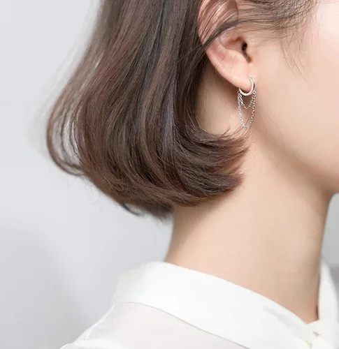 Vista 2 de Reffeer Aretes de aro pequeños de plata de ley 925 con borla y cadena para mujeres y adolescentes