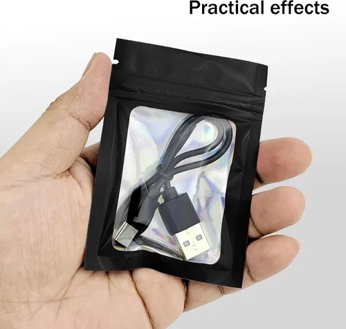 Vista 5 de 50 bolsas de Mylar negras de 2.7 x 3.9 pulgadas con ventana transparente, bolsa holográfica resellable para almacenamiento de alimentos, joyas