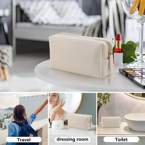 Vista 5 de Bolsa de maquillaje de cuero Apooliy para bolso de viaje, organizador de cosméticos portátil pequeño para mujeres y niñas, bolsa de maquillaje
