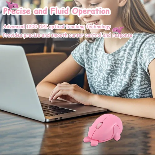 Vista 5 de Ratón inalámbrico Bluetooth lindo animal pequeño con forma de delfín ratones de computadora con receptor USB 2.4GHz y Bluetooth modo dual silencioso