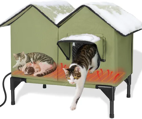 Vista 12 de Casa climatizada para gatos en invierno exterior, casa para gatos climatizada extra grande, resistente a la intemperie, cama elevada, puerta