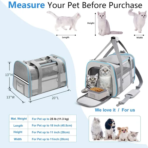 Vista 2 de Transportador de gatos y gatos de 20 pulgadas, grande, de lados suaves, para gatos, perros de menos de 25 libras, plegable para 2 gatos, bolsa