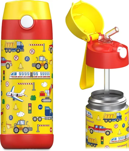 Vista 18 de Jarlson® CHARLI - Botella de agua para niños [12 onzas], botella térmica de acero inoxidable con pajilla, botella de agua aislada a prueba