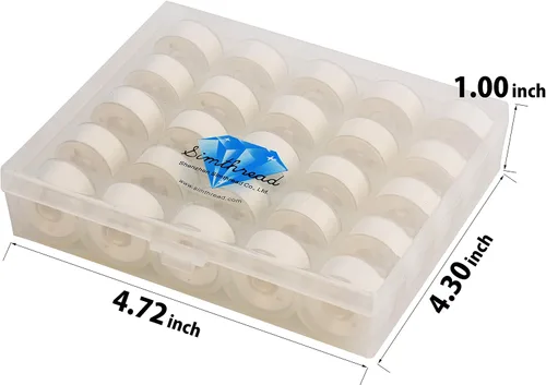 Vista 2 de Simthread 25 piezas de hilo de bobina preenrollado blanco tamaño A clase 15 (SA156) 60WT con caja de plástico de almacenamiento transparente 70D/2